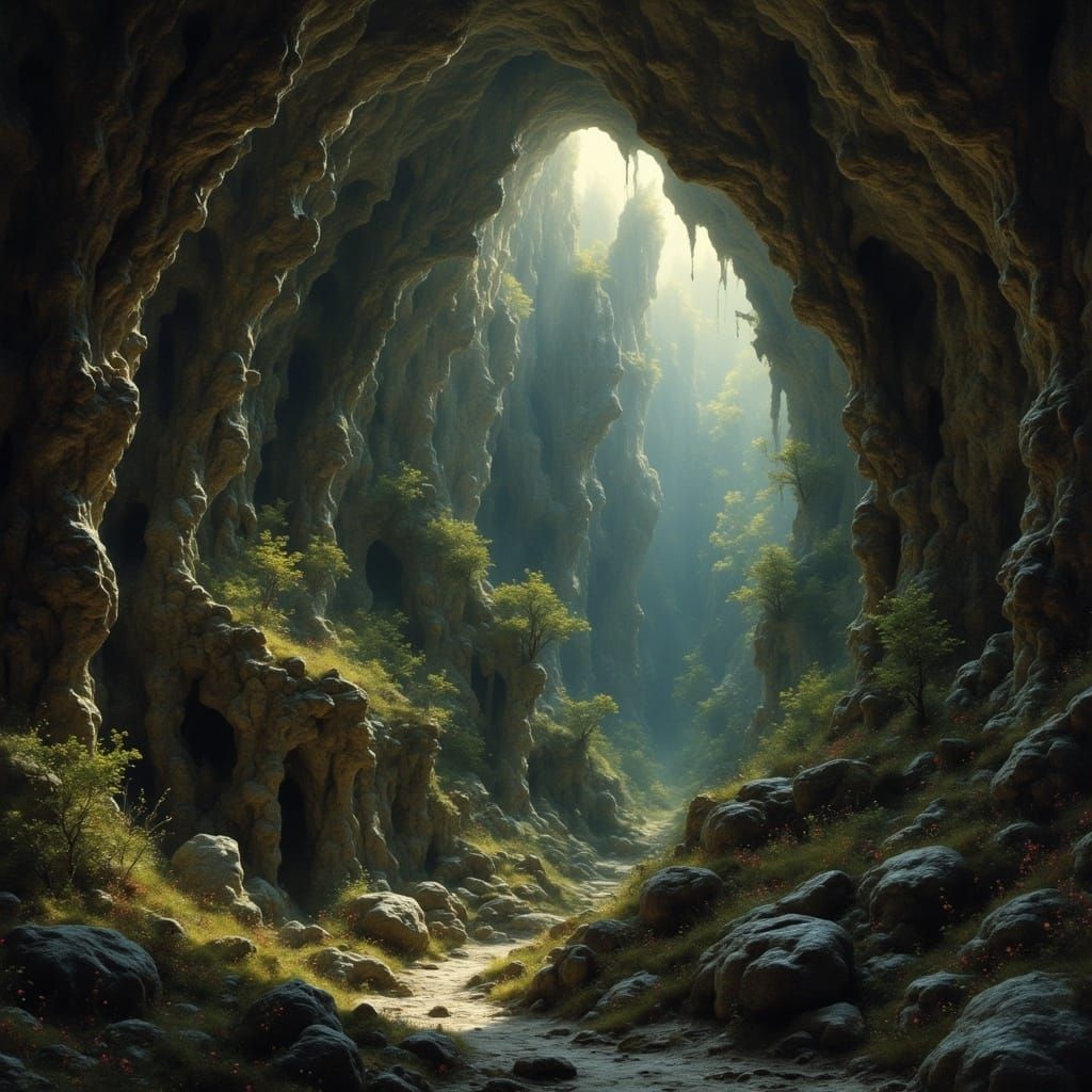 Mystical Cave with Bioluminescent Fungi