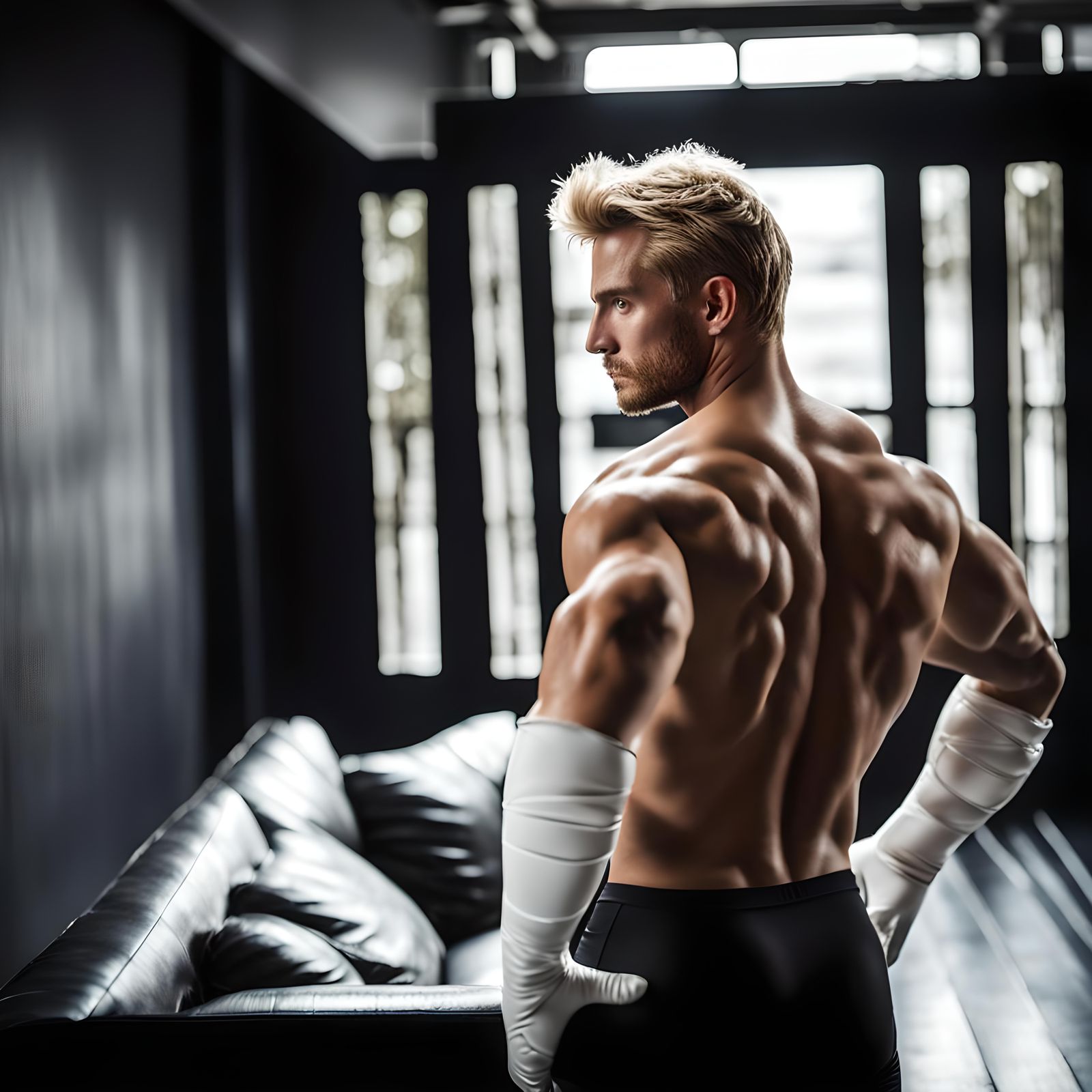 Handsome Man in Gloves Leaning on Sofa