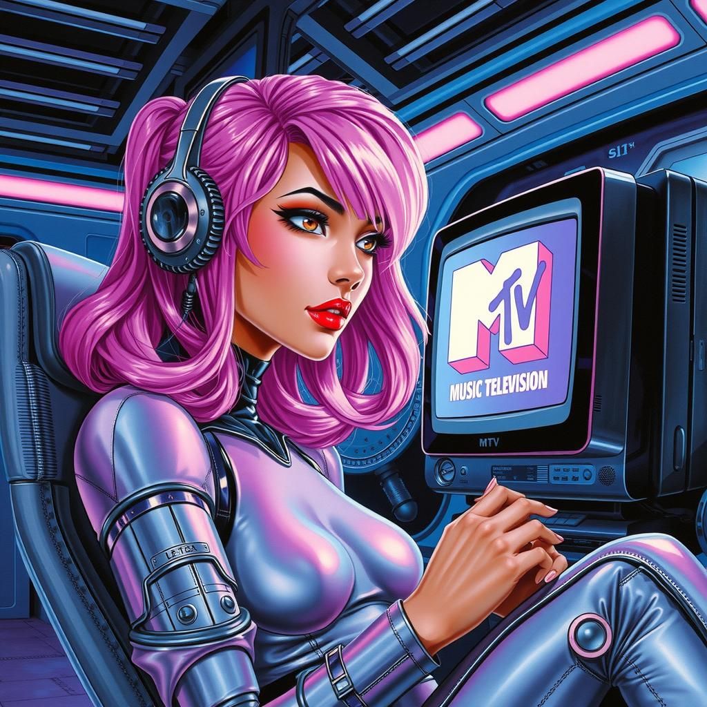 Retro Cyberpunk Robotic Woman in Spaceship Lounge