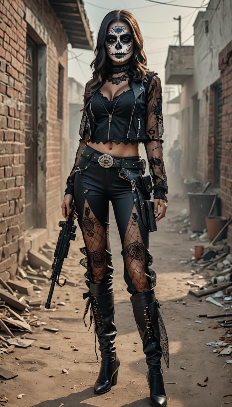 A day of the dead assassin, with a silencer aimed at the vie...