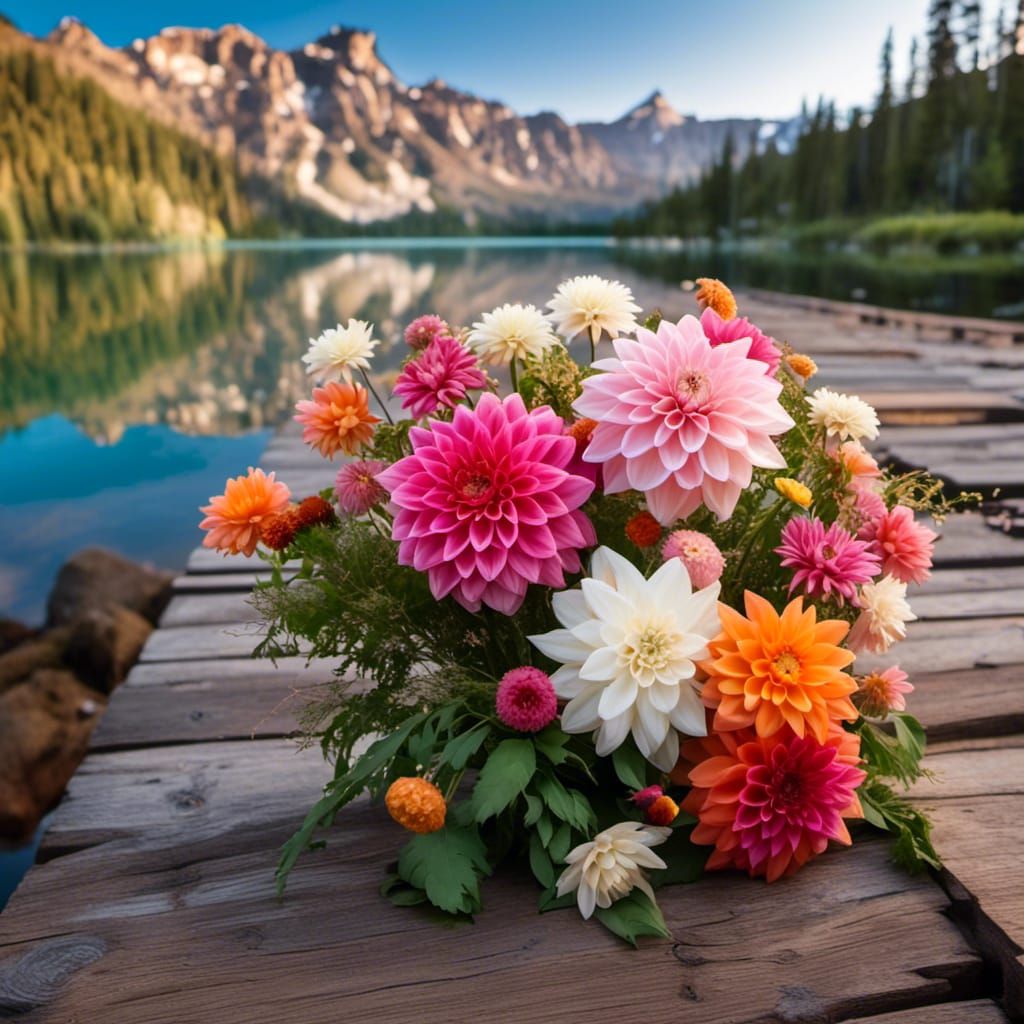 Various pink, orange, and white dahlia flower bouquets lay on a wooden weathered jetty