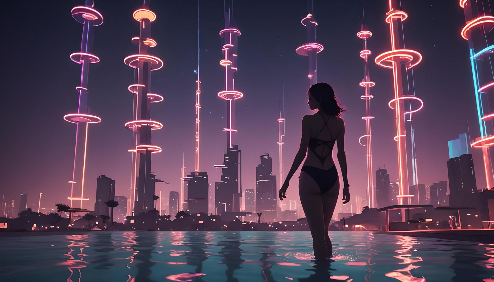 Neon Tower Silhouette at Night