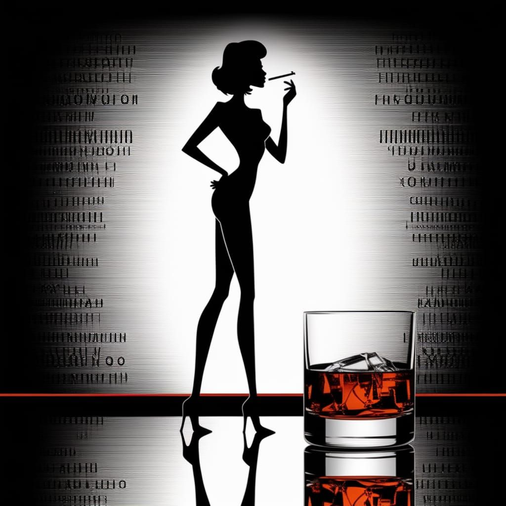 Retro Silhouette in Whiskey with ASCII Art Overlay