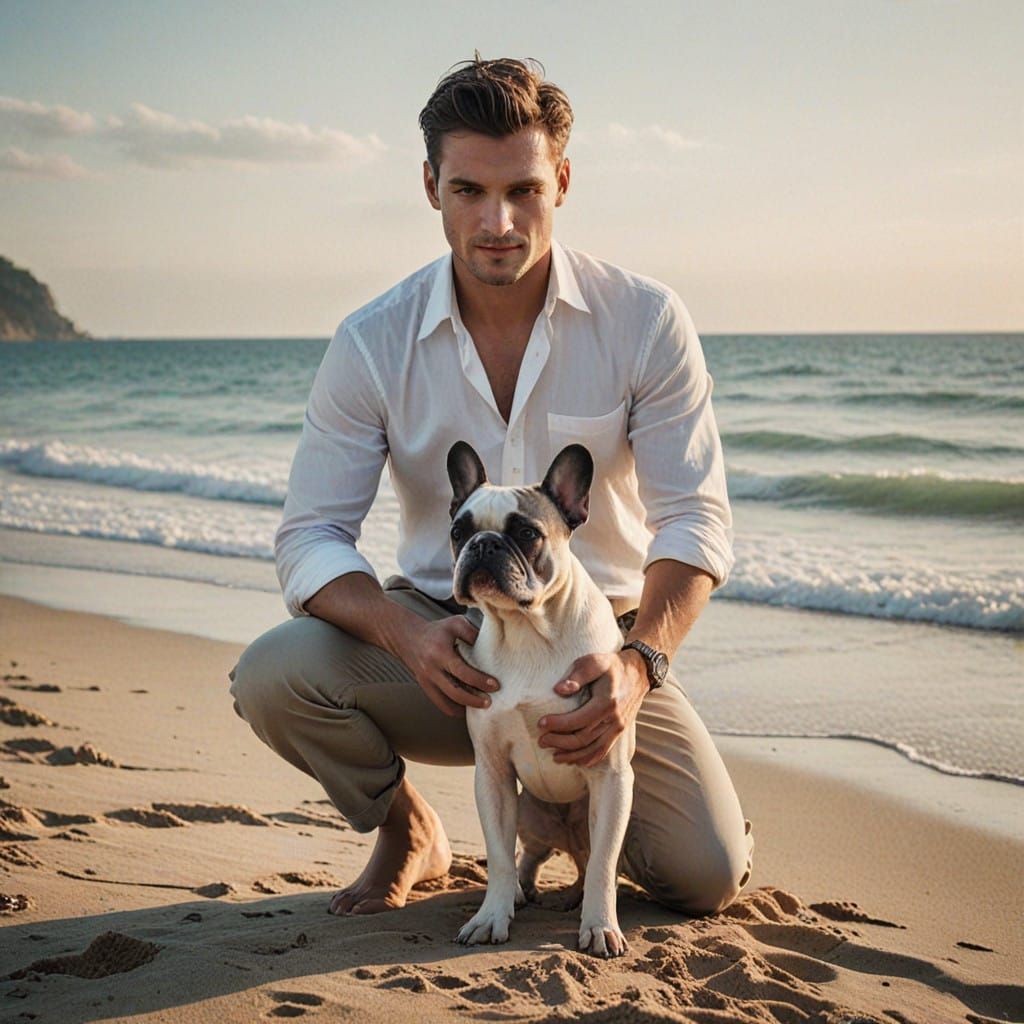 Slavic Gent Enjoying Summer with French Bulldog on Tranquil...