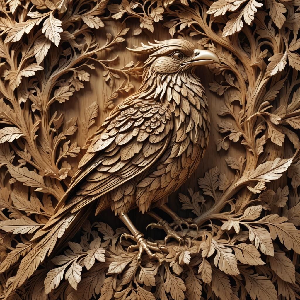 Intricate Wood Carving of a Bird in Golden Light