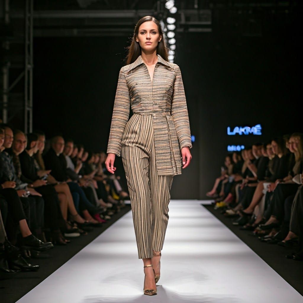 Create an ultra-defined image of a runway model wearing a be...