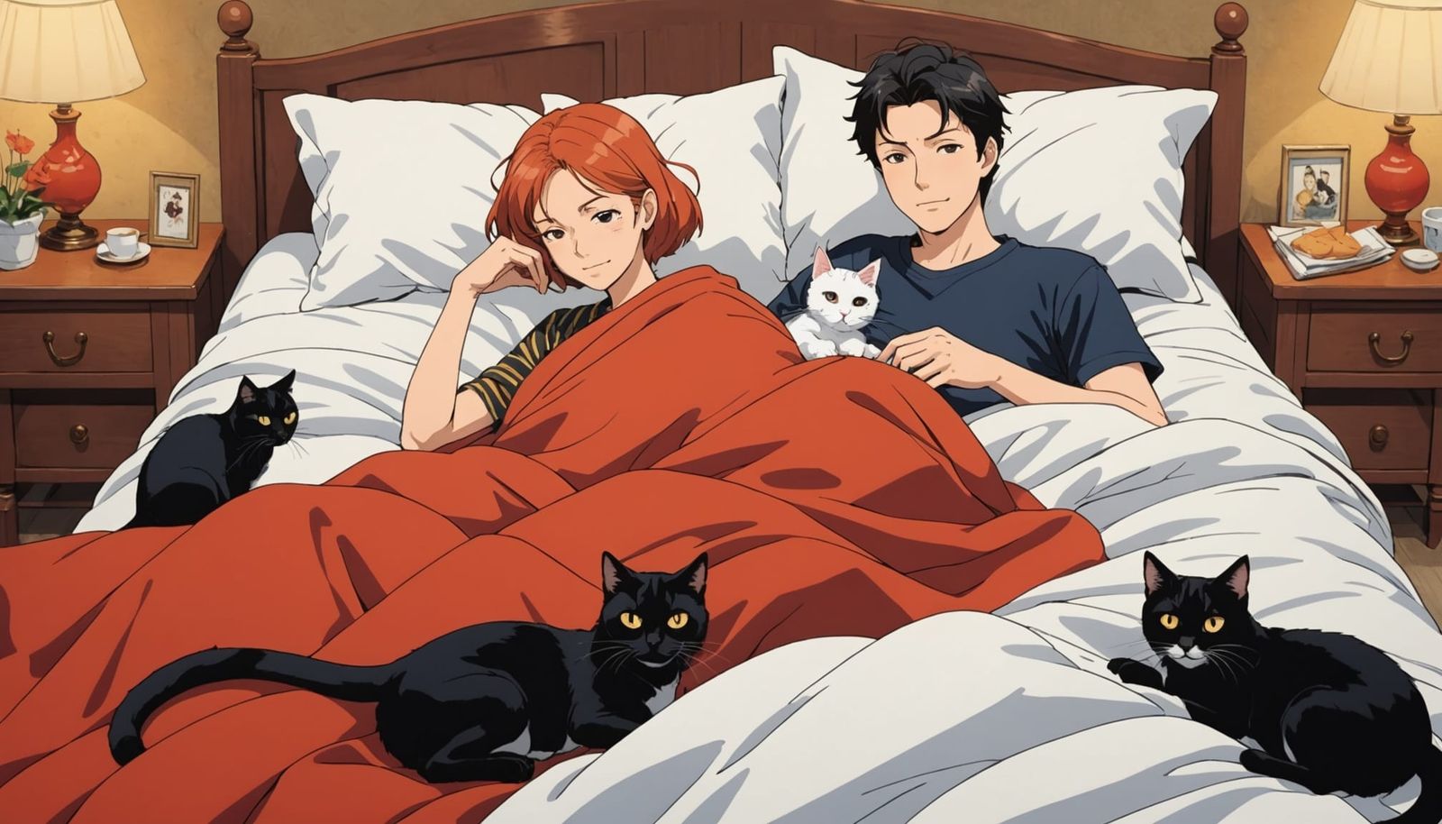 Cozy Cat Couple in Anime Caricature Style