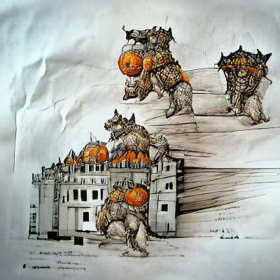 Cerberus Defends Pumpkin Palace in Pen and Ink