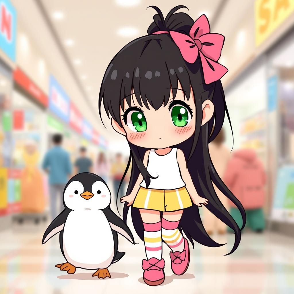 Anime Girl with Penguin in Mall, Whimsical Style
