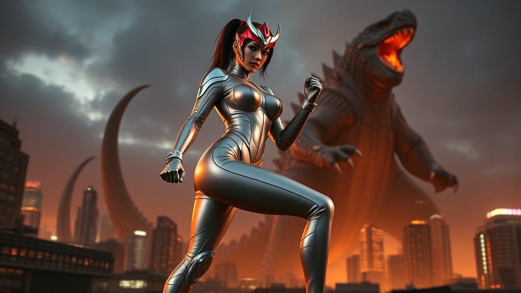 Futuristic Female Superhero Striking a Heroic Pose