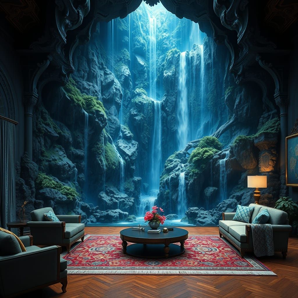 Blue Waterfall in a Living Room: Hyperrealistic Digital Art