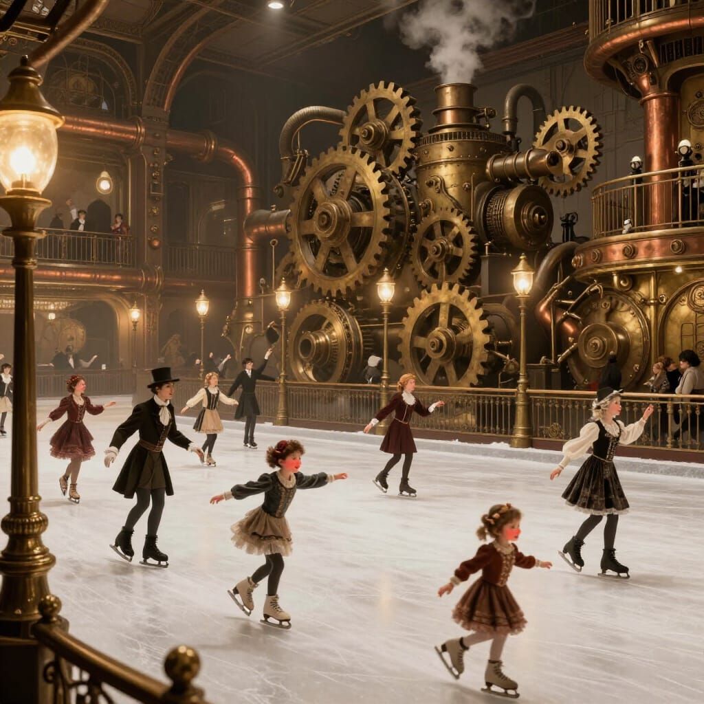 Steampunk Ice Rink with Victorian Skaters and Grand Engine