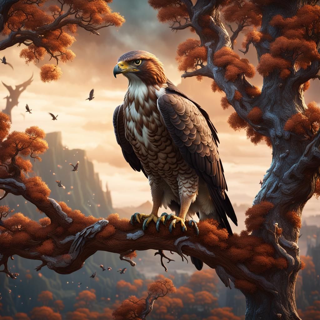 Hawk Eating Meat in Detailed Matte Painting