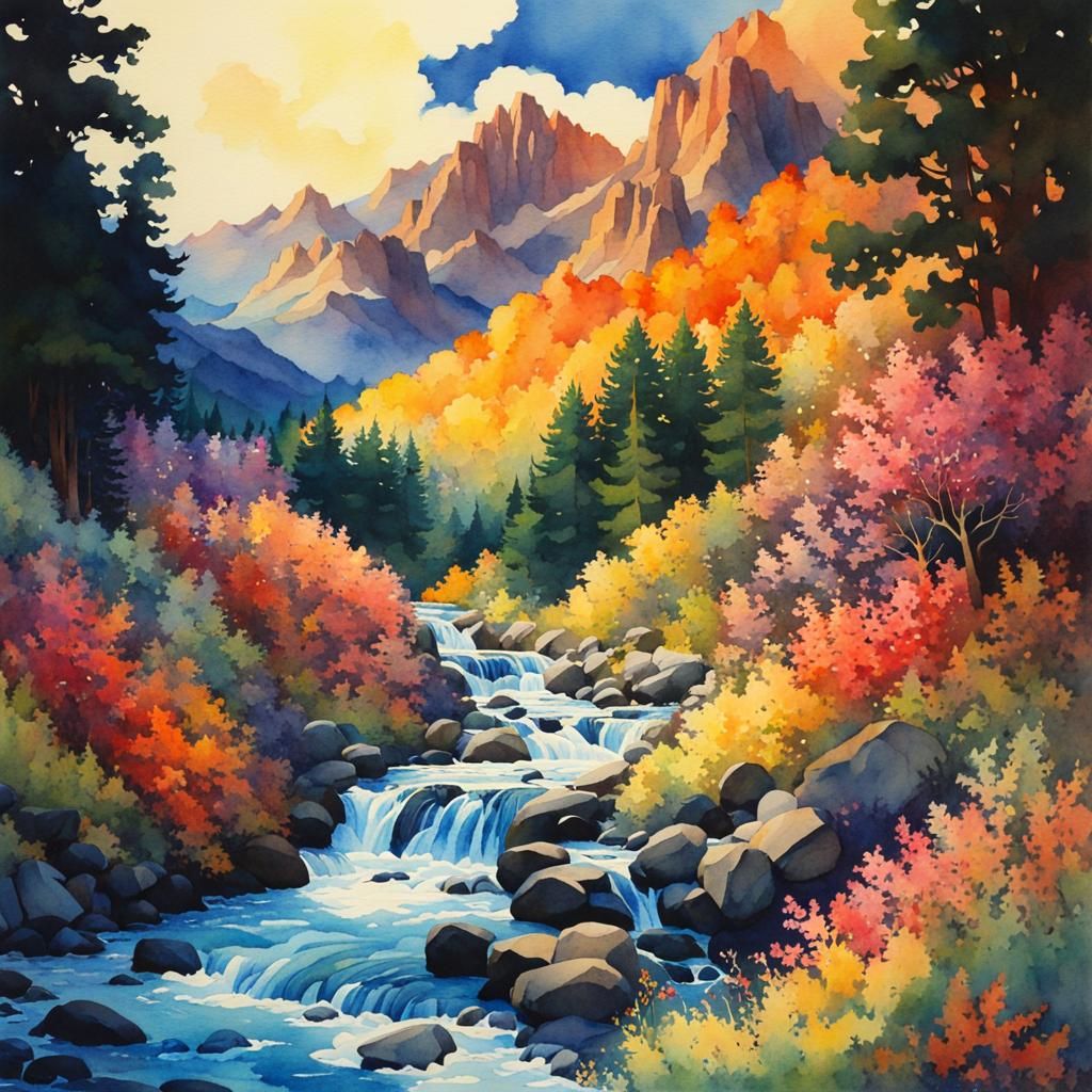 Watercolor Mountain Stream in Anime Style