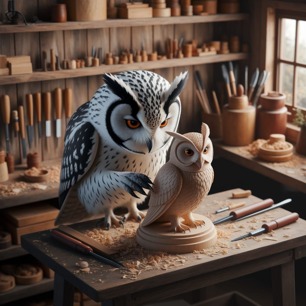Wise Owl Carves Miniature Owl in Rustic Workshop