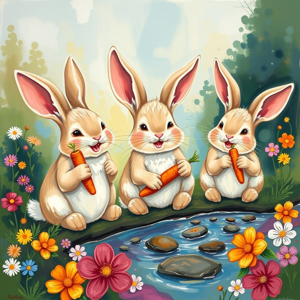 Joyful Bunnies' Flower Picnic: Abstract Art