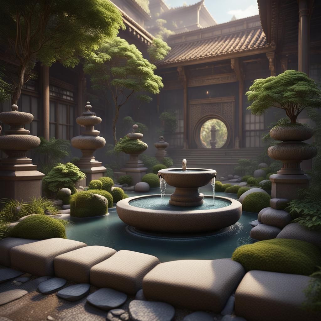 Tranquil Zen Garden in City Courtyard: Detailed Matte Painti...