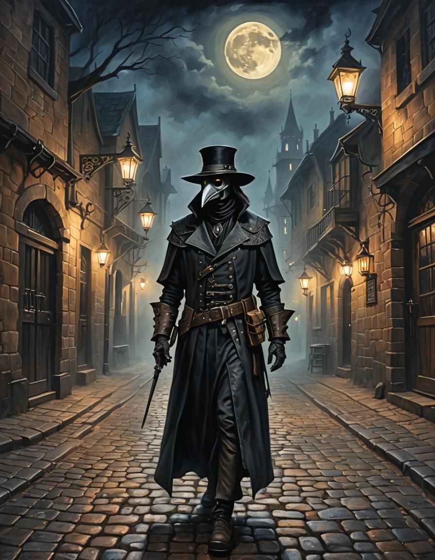Steampunk Plague Doctor in Misty Alleys: Oil Painting