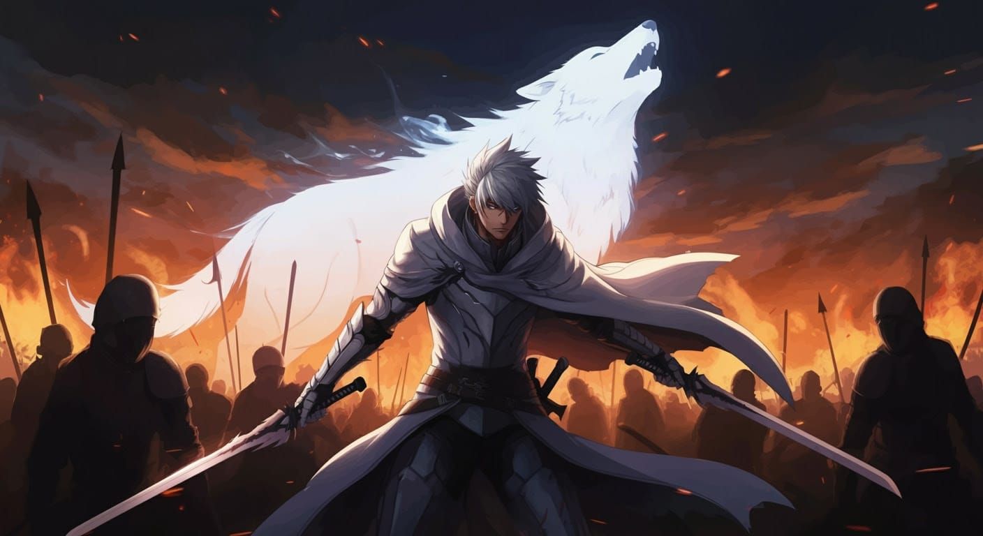 Epic Anime Warrior Battles a Fiery Horizon