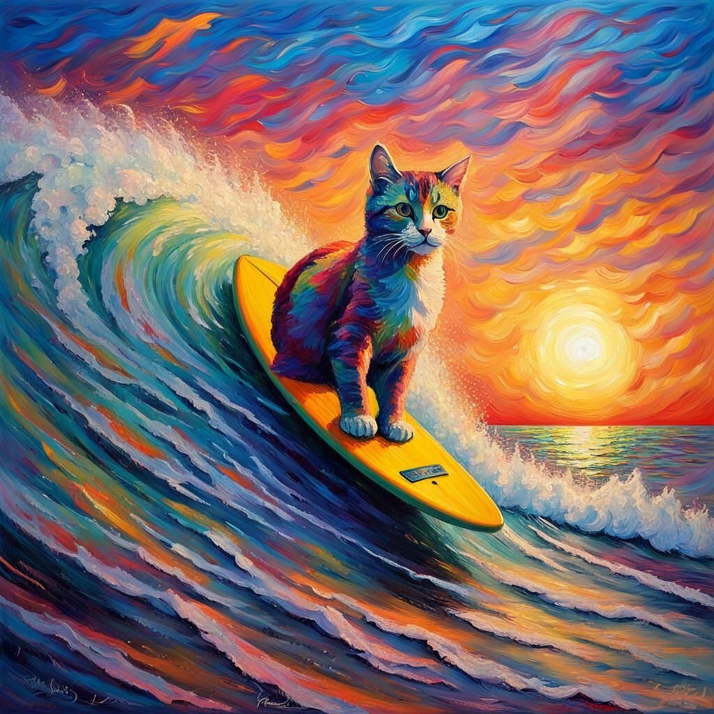 Cat Surfing Tsunami Wave: Expressionist Oil Painting