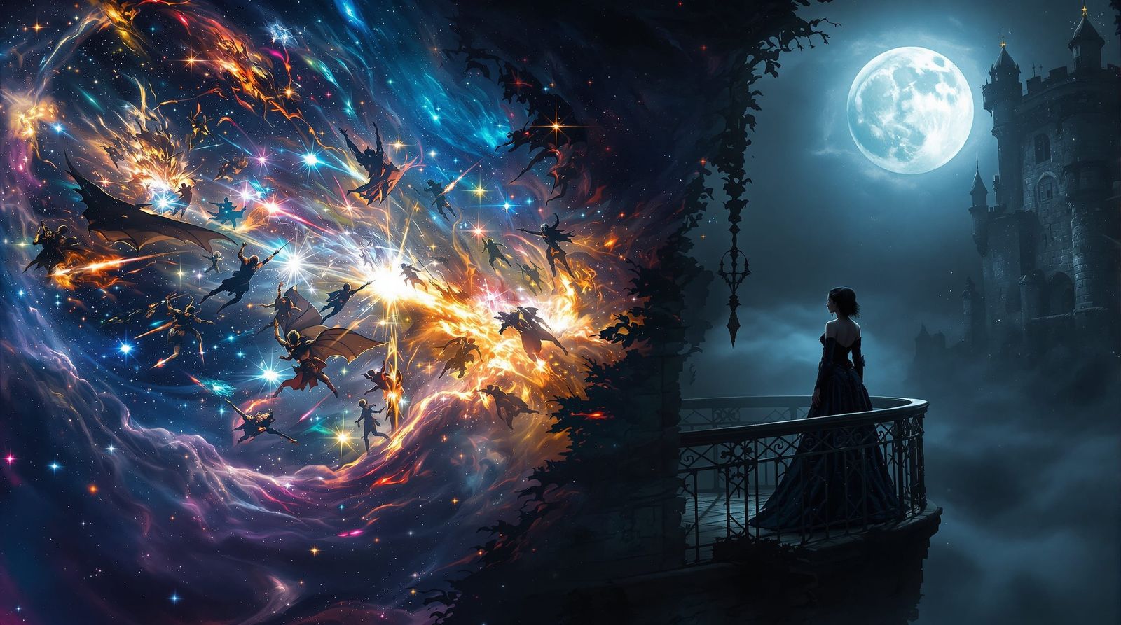 Celestial Battle and Gothic Vampire Lady Split Image