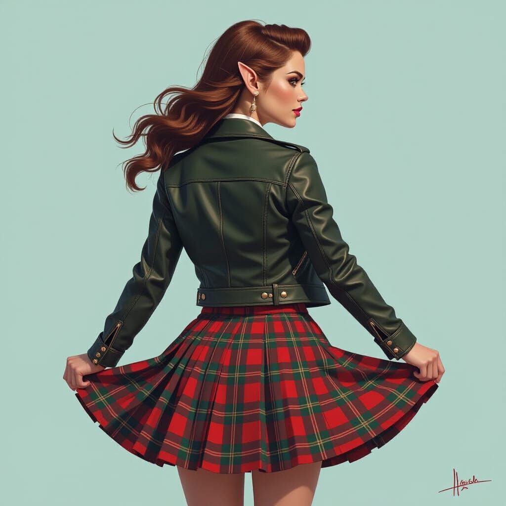 Elf Woman in Tartan Skirt, Wind Lifting Skirt