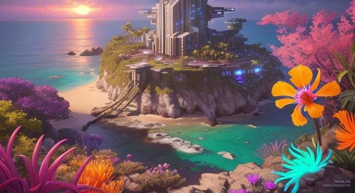 Tropical Cyberpunk Fortress on a Beach