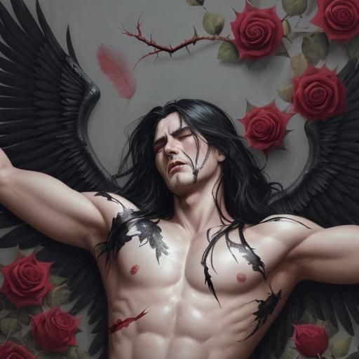 Winged Man in Rose Bush: Gouache Painting