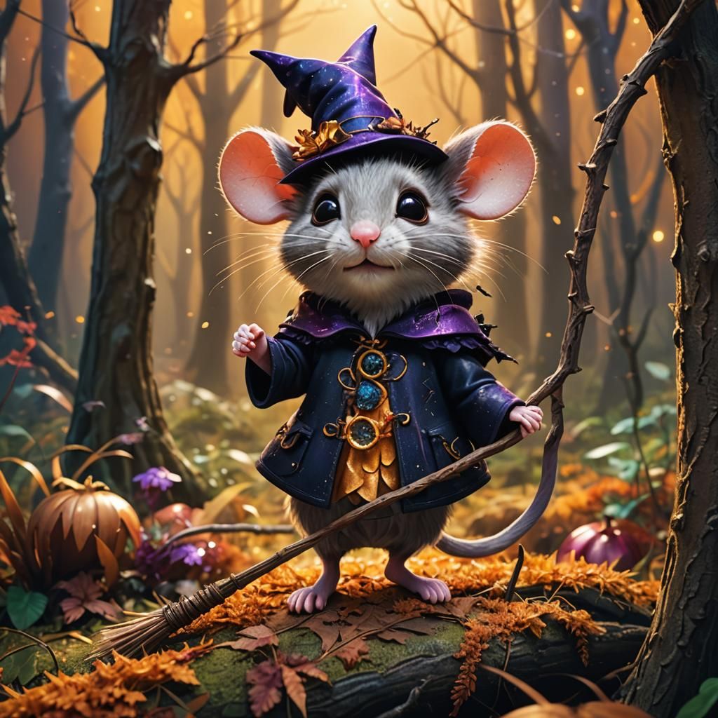 Mouse in Witch Costume in Magical Forest