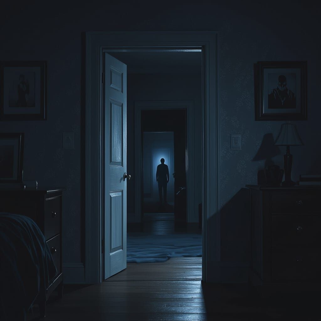 Open Bedroom Door at Night, Lurking Darkness Beyond