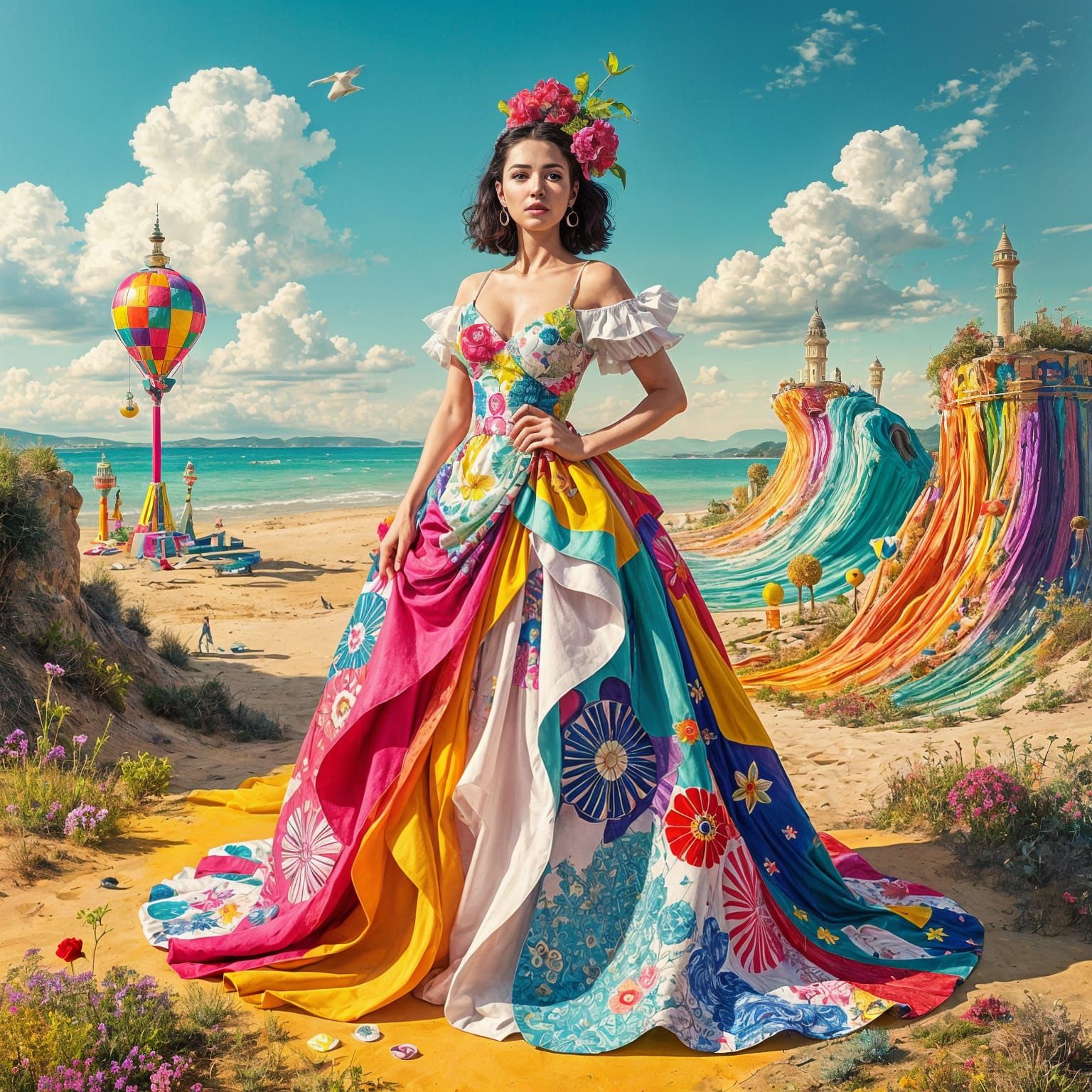 Surreal Woman in Dreamlike Pop Art Landscape