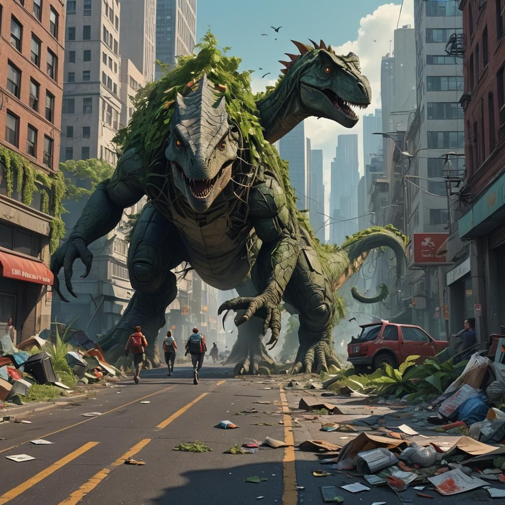 Dinosaurs Cause Chaos in Overgrown City