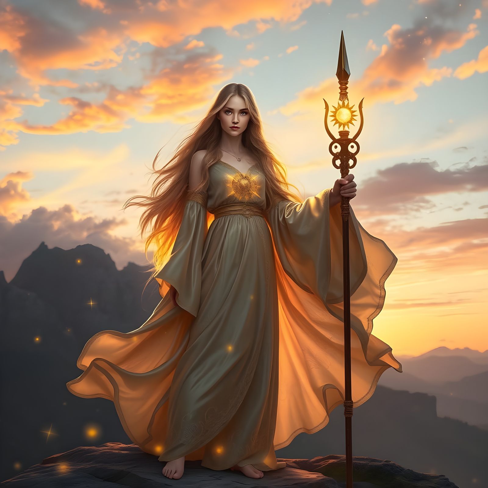 Ethereal Mystic Goddess Standing on Celestial Plateau at Sun...