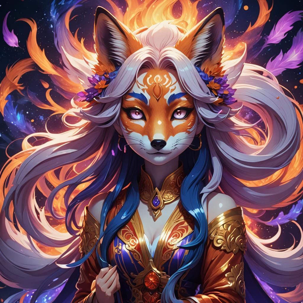 Kitsune Goddess Portrait in Vibrant Anime Style