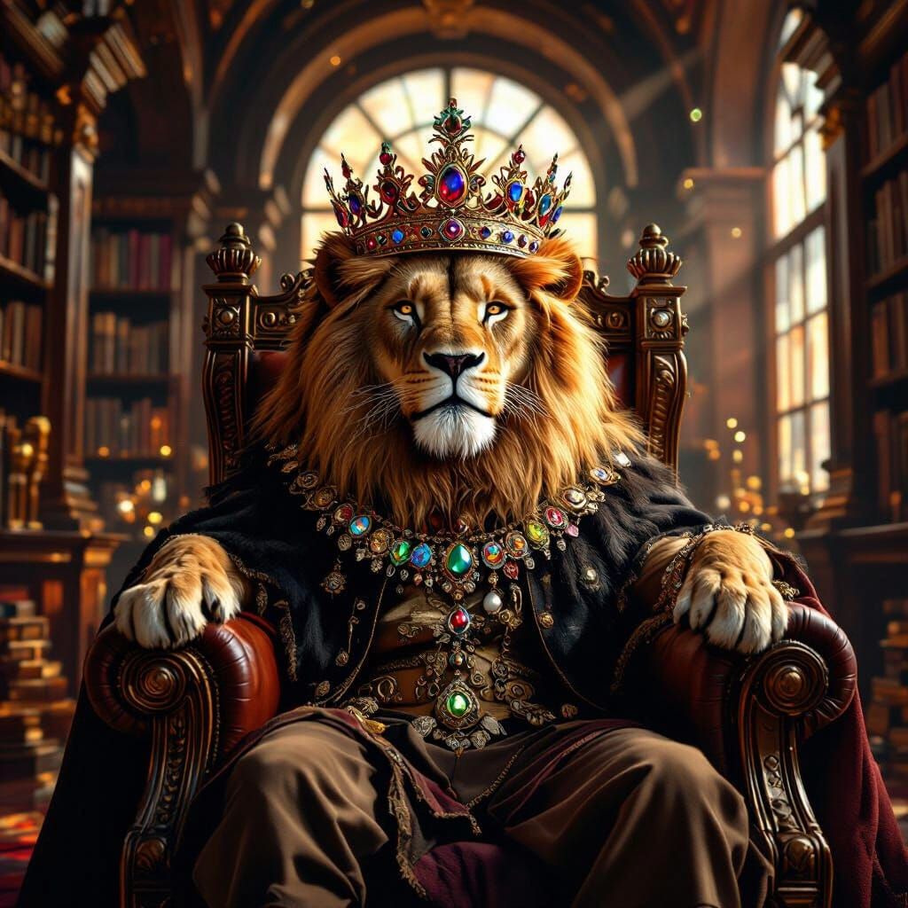 Lion King on Book Throne in Baroque Style