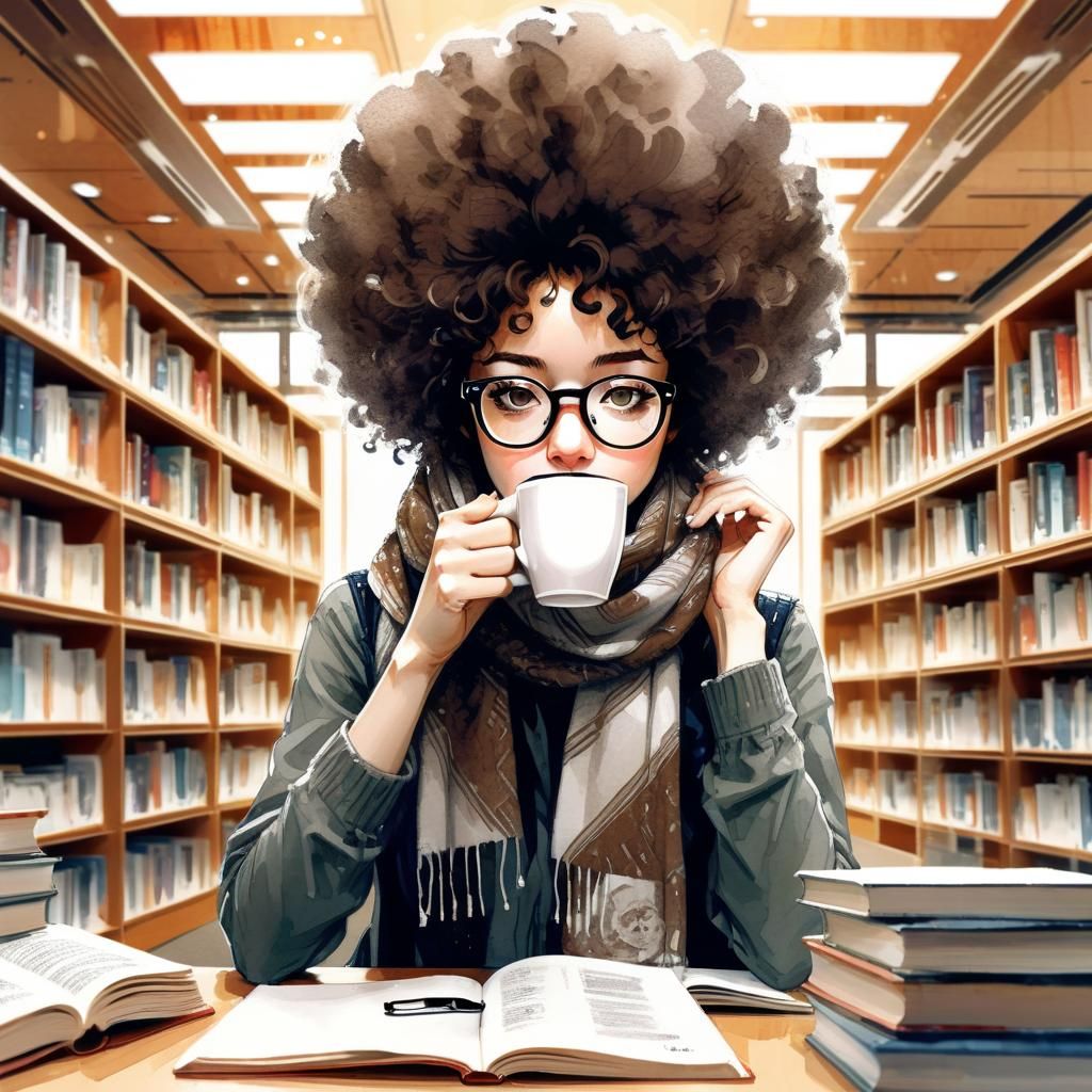 Tired Hipster Woman Drinking Coffee: Manga Style Portrait