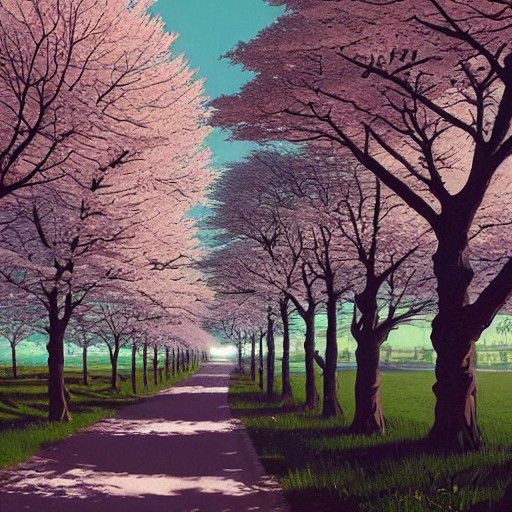 Cherry Tree Path in Hyperdetailed Photorealism