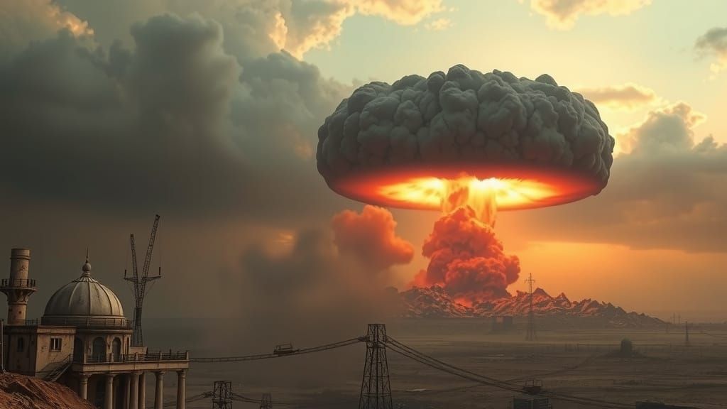Apocalyptic Nuclear Cloud Over Desolate Iranian Landscape
