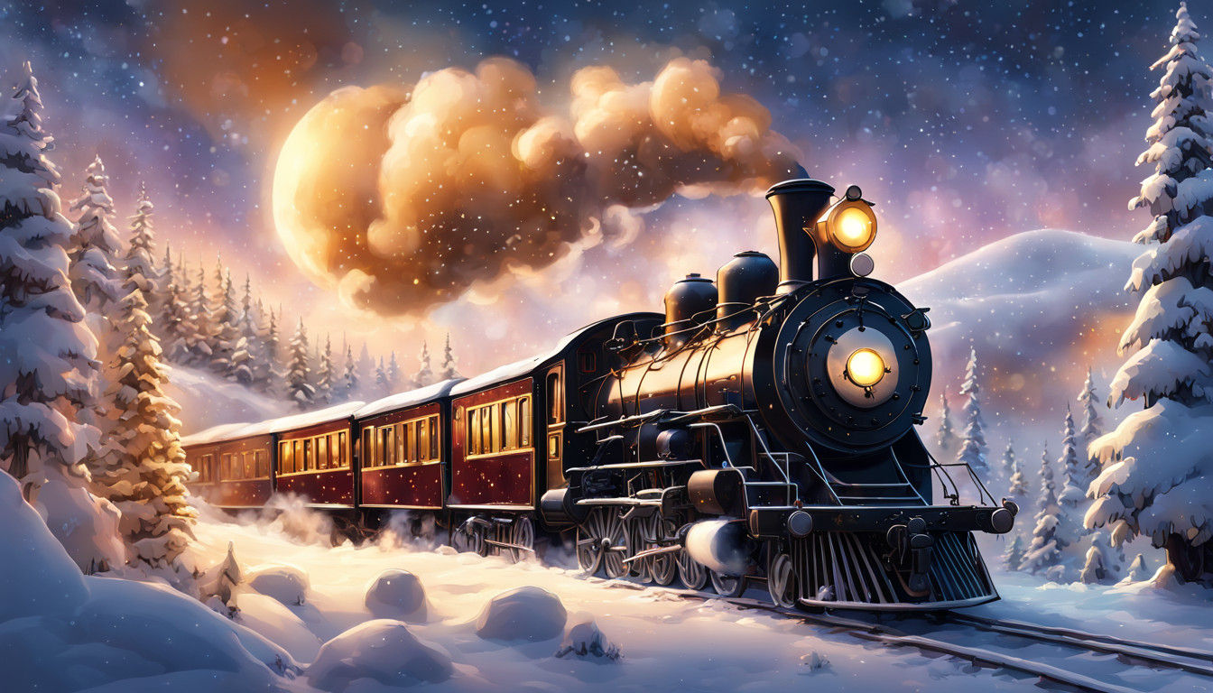 Steam Train Soars Through Celestial Skies at Night with Ench...