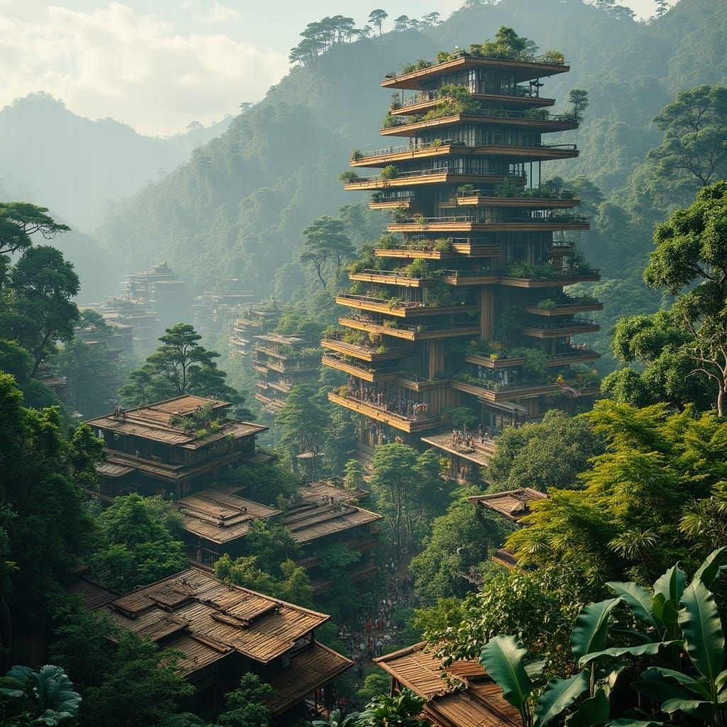 Lush Rainforest City with Wooden Skyscraper
