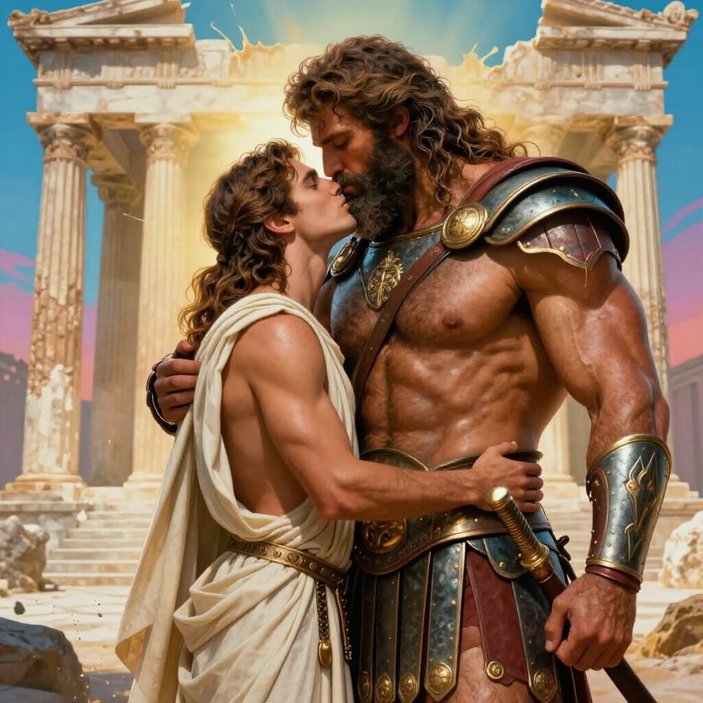Massive Greek Warrior Embraces Mortal Man in Temple