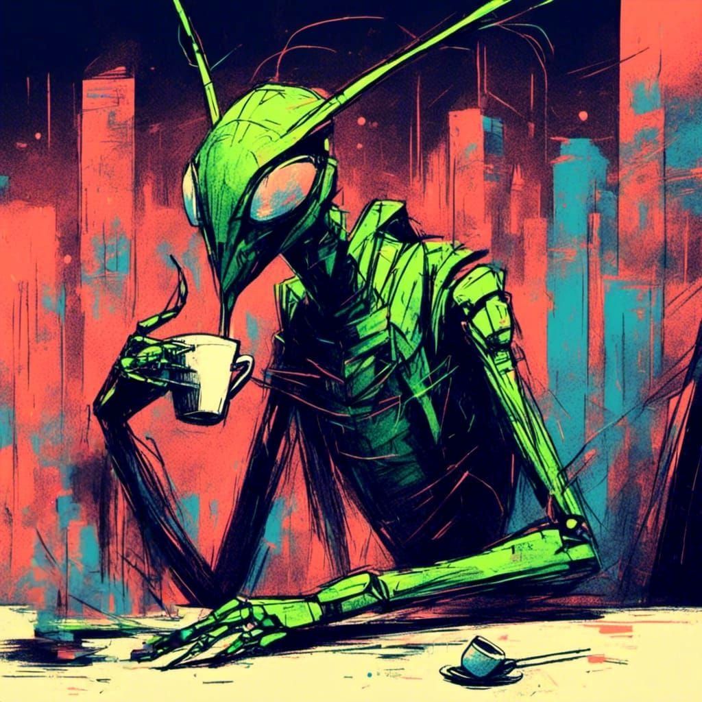 Cartoon Mantis Character Sipping Coffee