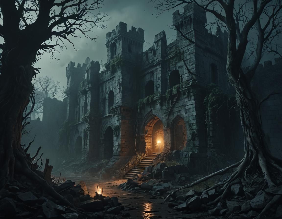 Eerie Overgrown Fortress Ruins in Dark Fantasy Art