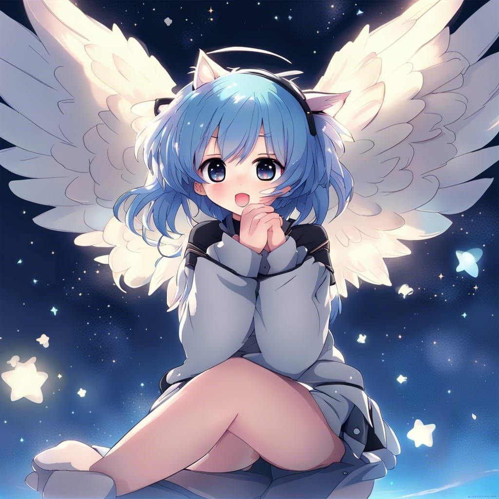 Anime Angel with Blue Hair and Cat Ears