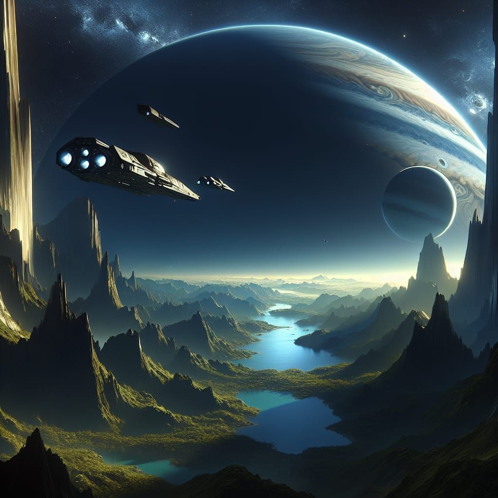 An alien planet, huge rock mountains overlooking a lush gree...