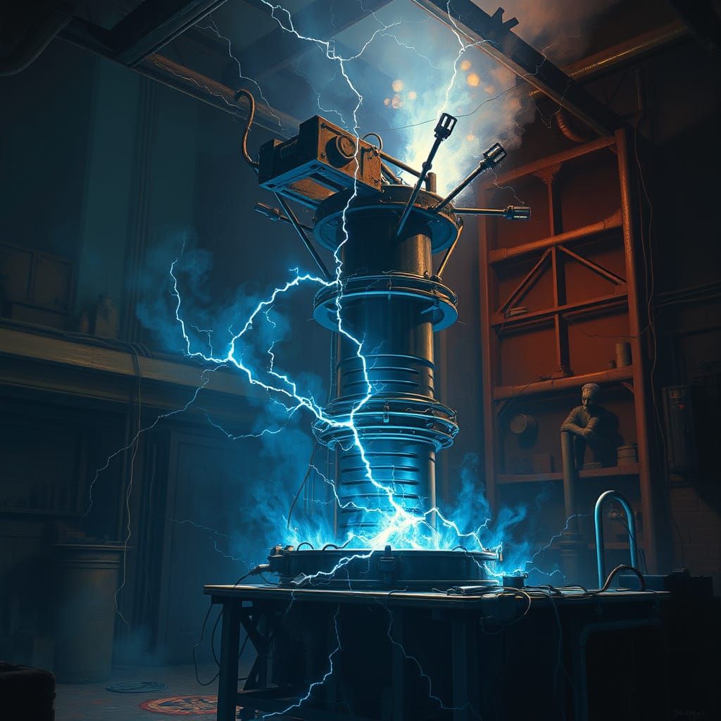 Menacing Tesla Coil in Gothic Lab, Dramatic Lighting