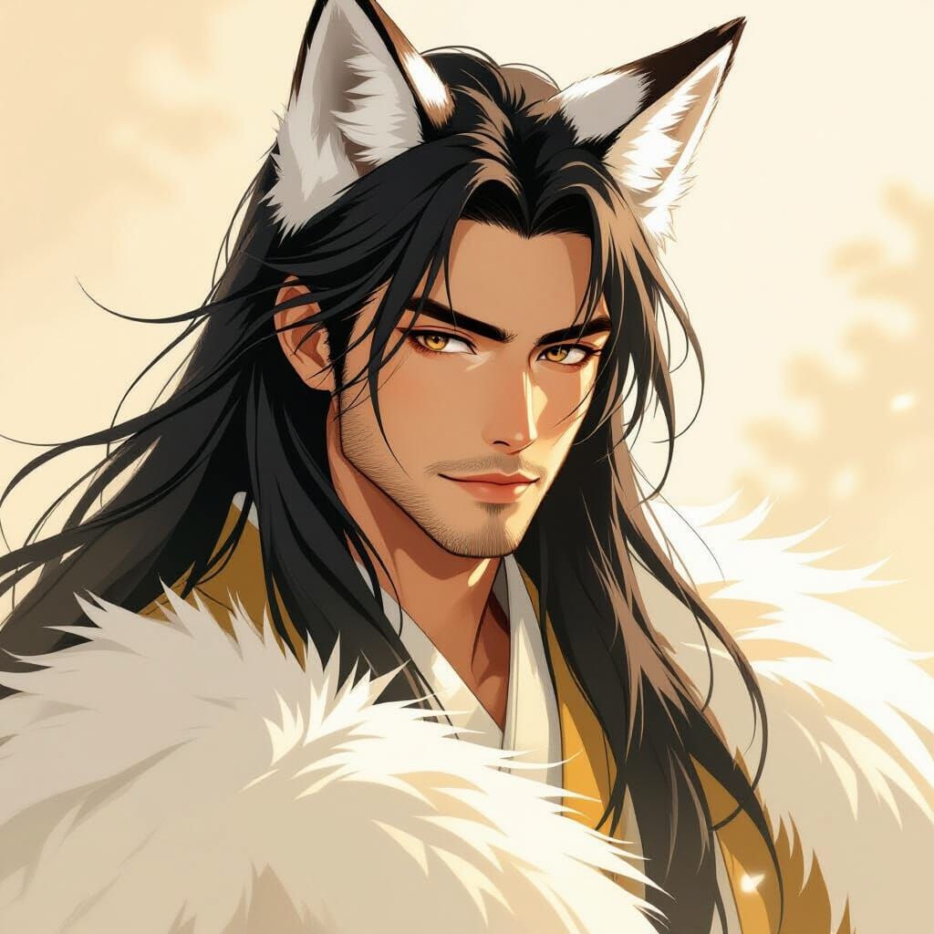 Handsome Japanese Kitsune Man in Dreamy Watermark Style