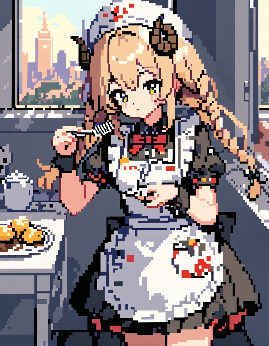 Detailed Pixel Art Maid with Fork and Sheep Horns