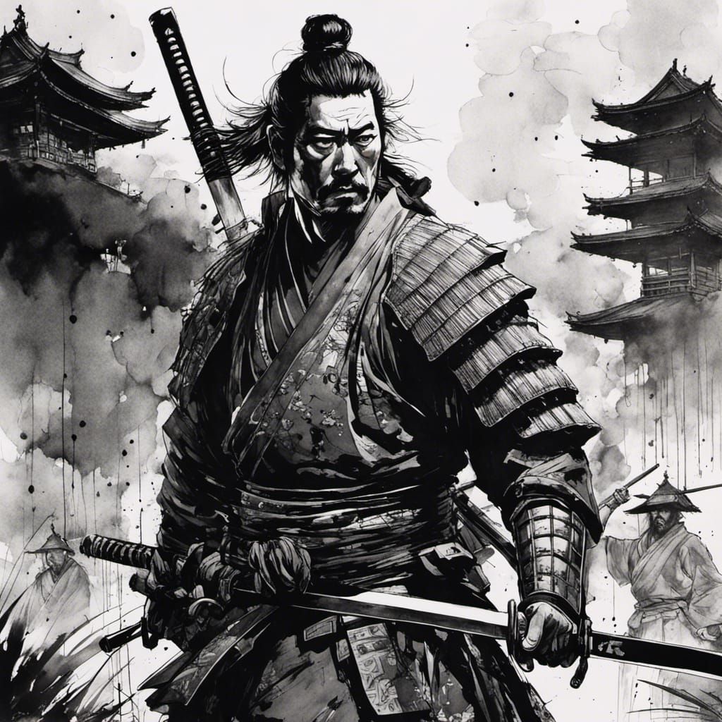 Samurai Battlefield: Detailed Black Ink Drawing