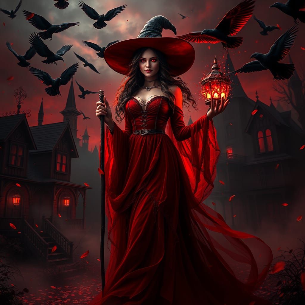 Eerie Witch in Red Dress, Dark Fantasy Landscape